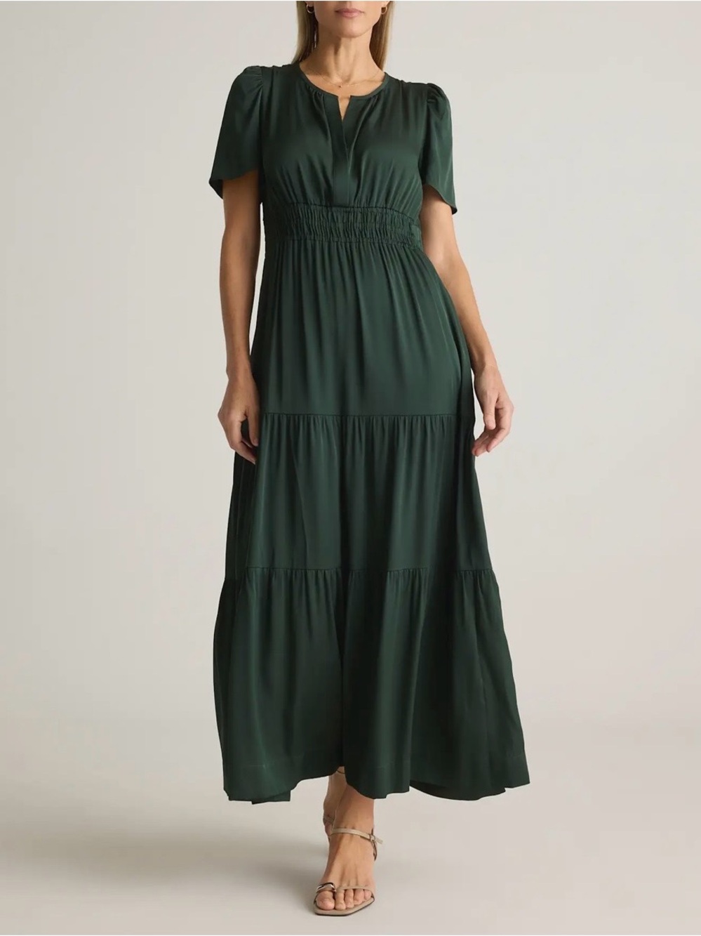 Quince Washable Stretch Silk Tiered Maxi Dress Forest Green L NWT